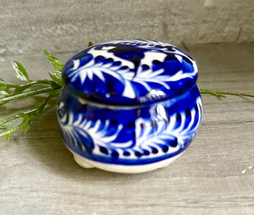 Mexican Talavera Pottery Trinket Box Blue and White Hand Painted